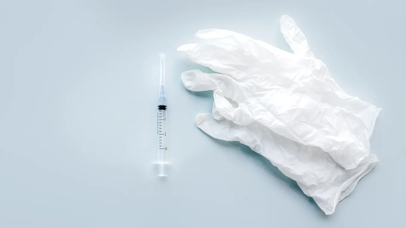 Syringe and medical gloves on a light blue background